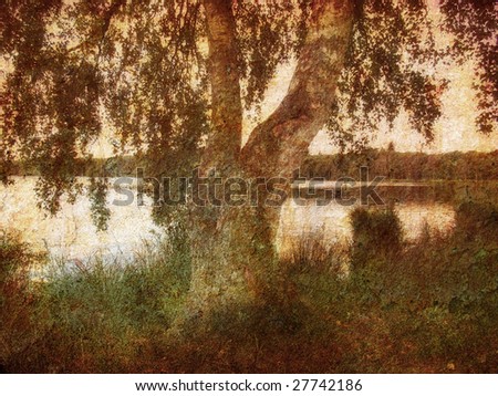 Like an old Japanese print. More of my photos worked together to make a retro dreamlike look. Birch by the lake.