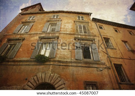 Postcard form Italy. Nice facade - Perugia - Umbria, Italy. Several of my photos worked together to make a retro - dreamlike look.