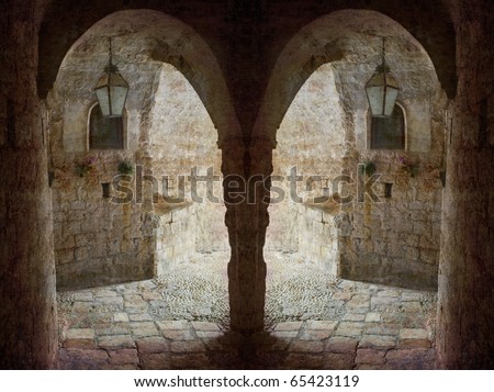 Retro postcard from Dubrovnik - twin fantasy arches. Several of my photos worked together to reflect time and age.