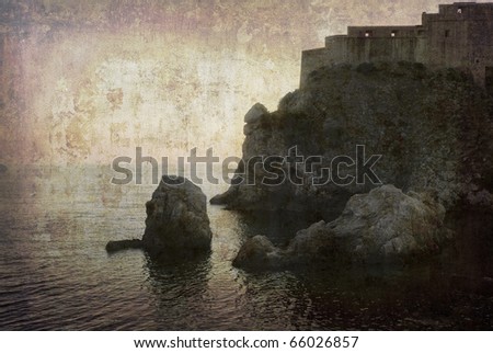 Castle of Dubrovnik outside the town wall. Postcard from Croatia. Image worked together of several of my photos to reflect age and time. Space for text.