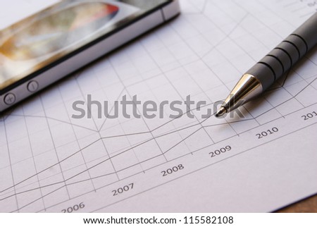 Pen and smartphone on Financial Chart with positive growth pattern