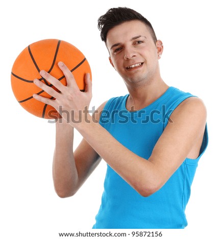 A guy with a basketball, isolated on white