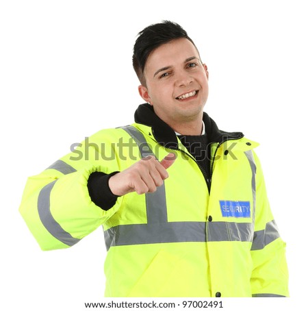 A security guard with a thumbs up sign, isolated on white