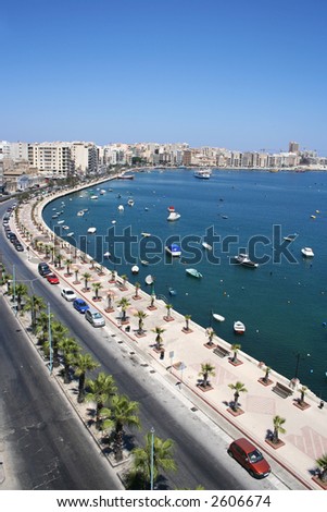 Vertical panorama view of promenade and bay in Sliema, Malta.