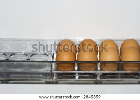 Group of eggs inside fridge, sitting alone on the shelf. Copyspace provided.