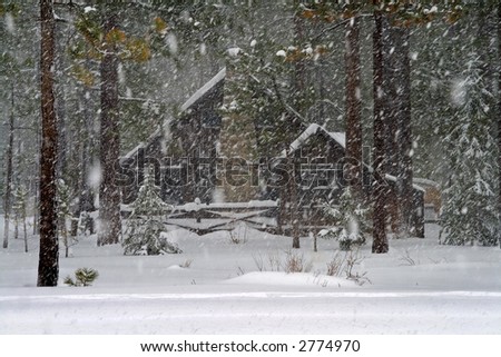 Cabin in the forest covered with snow