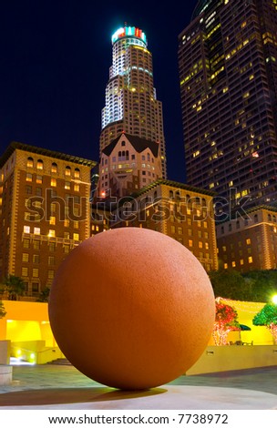 Big ball in the center of downtown Las Angeles at night