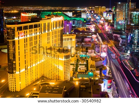 LAS VEGAS - APRIL 2: In this time lapse image, traffic travels along the Las Vegas strip on April 2, 2009 in Las Vegas, Nevada. The strip is approximately 4.2 mi (6.8 km) long.