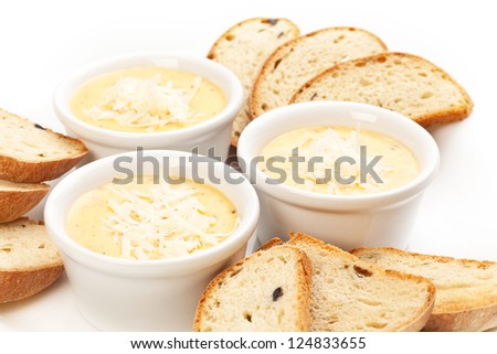sauce with cheese and bread, isolated on white