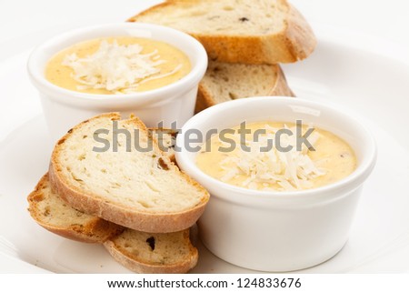 sauce with cheese and bread, isolated on white