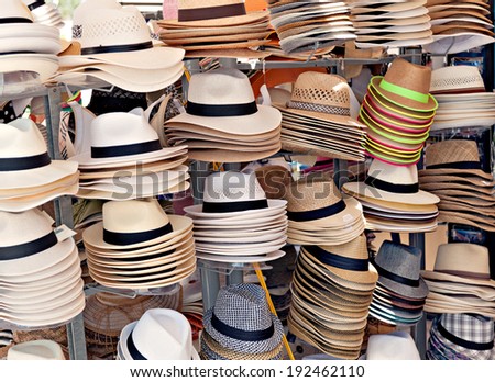 hats  for sale in a street market