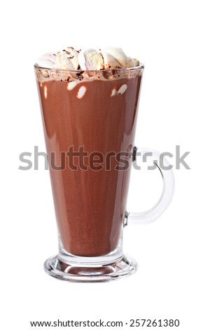 Drink hot chocolate with marshmallows in transparent glass, isolated on white background.