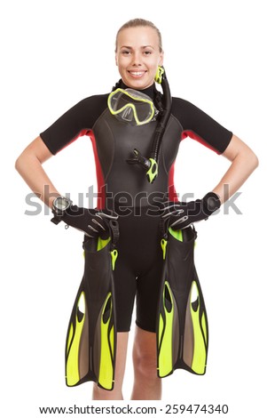 Young smiling blonde woman wearing a wet suit to swim with mask
