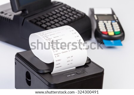 Credit Card Processor, Receipt Printer with paper shopping bill   and Touchscreen  isolated on white background