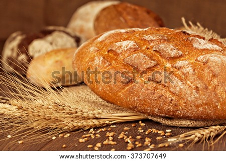 Freshly baked breads with grains and ears . Shallow depth of field.