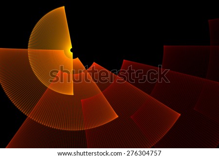 Bright orange and red abstract woven overlapping disc bits on black background