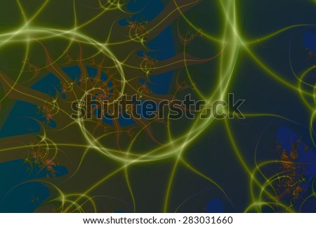 Intricate brown, blue and green abstract 'wire' spiral