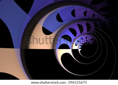 Funky blue, purple and peach abstract disc design on black background