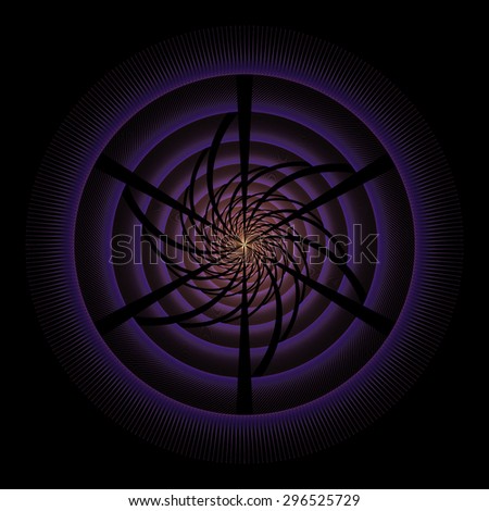 Funky purple / orange abstract flower / ripple disc design on black background