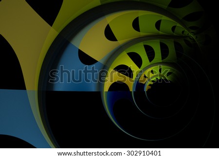 Funky blue, yellow and green abstract disc design on black background