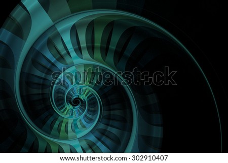 Intricate shiny teal, blue and green, abstract rotating spiral design on black background