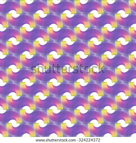 Intricate purple, pink and yellow abstract spinning square spirals on white background (tile able)