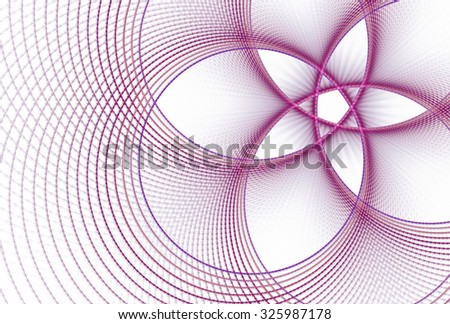Funky pink, purple and peach abstract rotating string flower design on white background