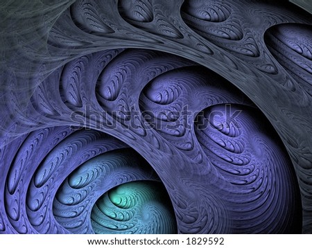 Blue / grey flame fractal.  Form is a textured spiral.