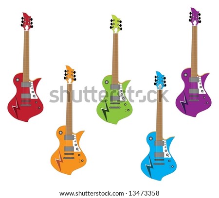 Red, orange, green, blue and purple electric guitars