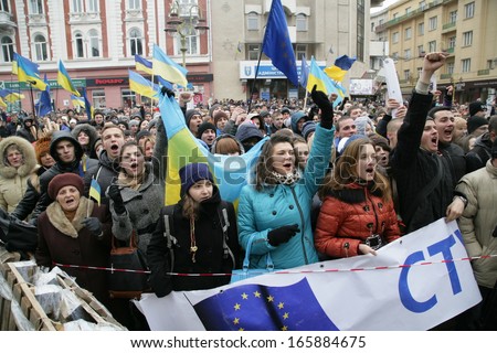 IVANO-FRANKIVSK, UKRAINE - DECEMBER,1  Mass meeting against Ukrainian government, President Yanukovych. For the European integration (Yevromaidan) on 1 December, 2013 in Ivano-Frankivsk, Ukraine.
