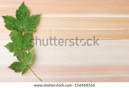 Three green sycamore leaves on a woodgrain background with copy space