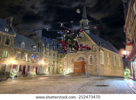 A drone making delivery of a bouquet of red roses above empty streets of old city