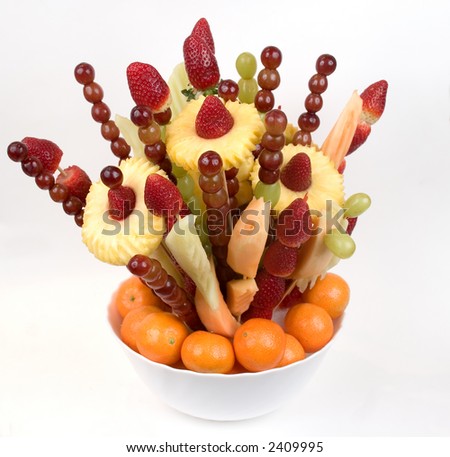 A fruit bouquet shot with deep DOF on a white background