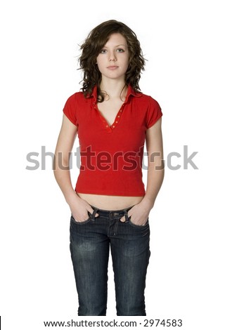 stock photo : Pretty brunette teenage girl standing, plain clothes, 