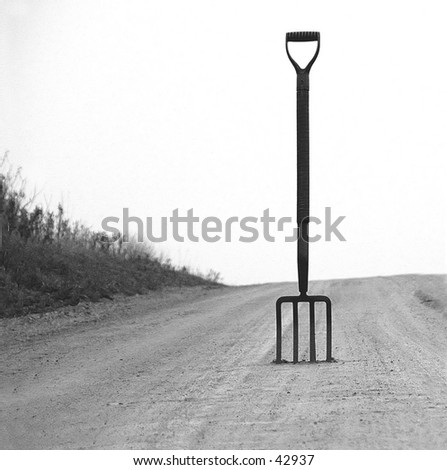 Picture shows literal depiction of the phrase look for the fork in the road