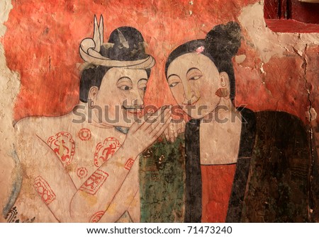 the whispering, a man is telling to love a woman be the mural age forty hundred more year at church watpumin of thailand.