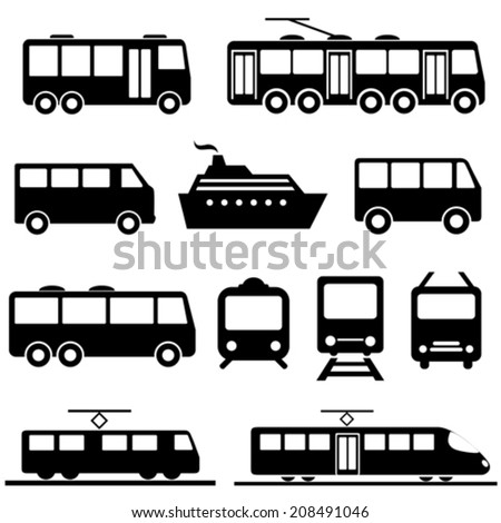 Bus, ship, train public transportation icon set