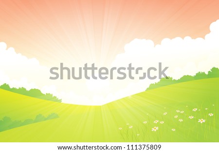 Vector illustration of green landscape in the spring season.