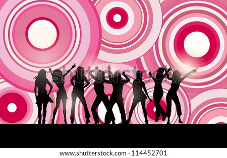 Vector silhouettes of dancing women against pink background circles.