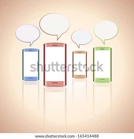 Vector illustration of colorful smartphones with speak bubbles.