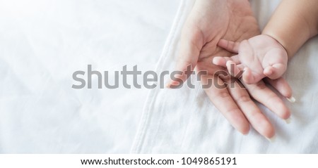 Asian parent hands holding newborn baby fingers, Close up motherâ??s hand holding their new born baby. Love family healthcare and medical body part concept