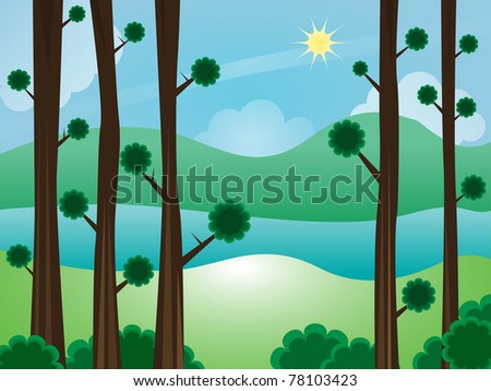 Summer landscape scene with mountains, lake and trees