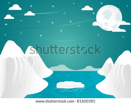 Artic landscape with icebergs in ocean, mountain and key with full moon and stars and clouds
