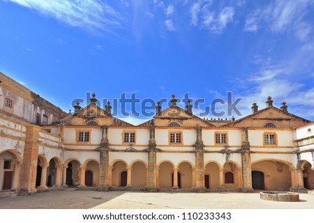 Palace of the Knights Templar in the small town of Tomar, Portugal. Beautiful inner courtyard, surrounded by a fine building with a beautifully preserved architecture