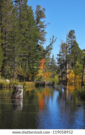 A charming mountain lake in California. Autumn forest and blue sky reflected in water