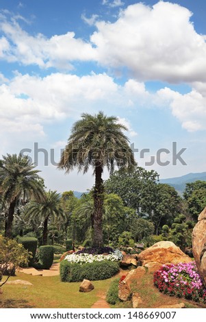 A masterpiece of landscape design - a huge and beautiful park in Thailand. Palm trees, flowers and boulders