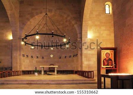 The interior of the church by the Sea Genisaret. Jesus then fed with bread and fish hungry people.