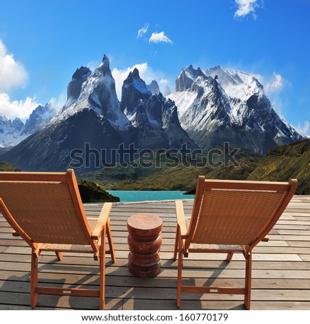 Comfortable Wooden Chair - Chaise Lounges Stand On A Wooden Platform. Lookout Is Arranged In Front Of The Famous Cliffs Of Los Kuernos. National Park Torres Del Paine, Patagonia, Chile. Collage