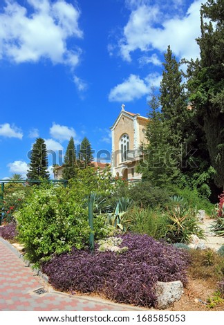 The famous Trappist monastery - Latrun. The magnificent building of the temple is surrounded by a lush garden