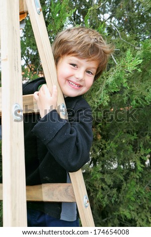 A charming four year old boy climbed a wooden extension ladders in the garden